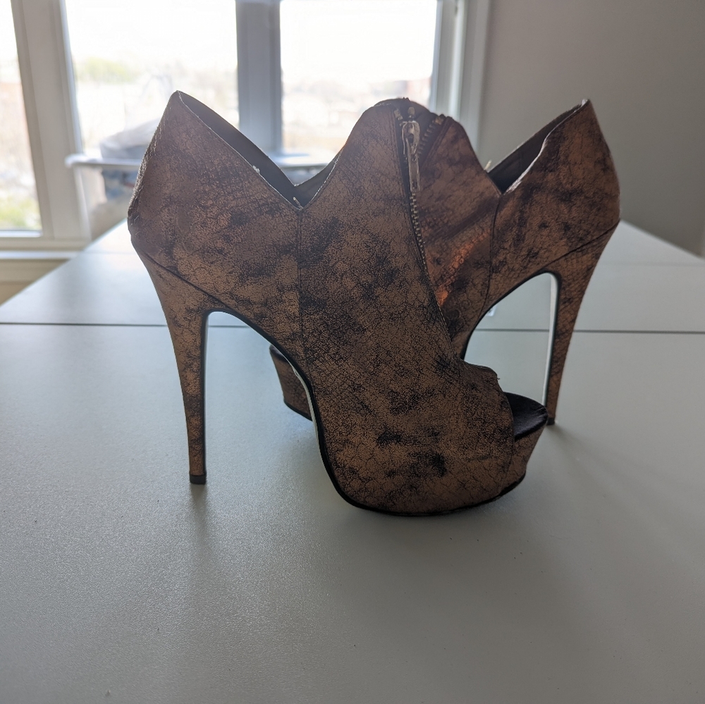 Bronze Snakeskin Peeptoe High Heel Booties